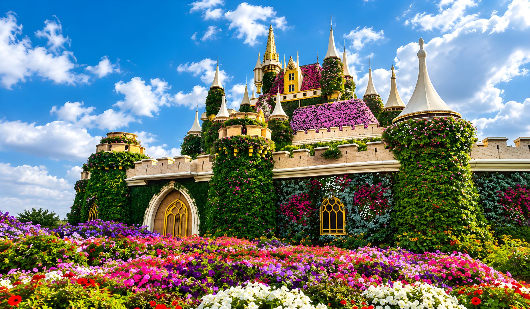Floral Castle Garden Under Blue Skies